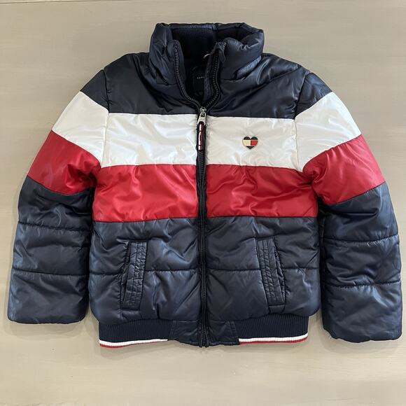 Unisex Kids Tommy Hilfiger Puffer Coat Winter Jacket Heart Logo 7 Blue Red White - Picture 1 of 7
